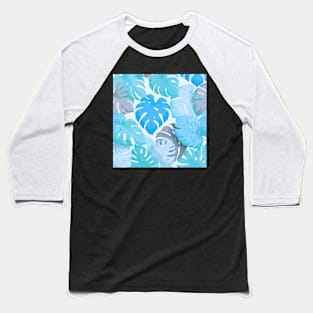 Blue Monstera Tropical Leaves Baseball T-Shirt